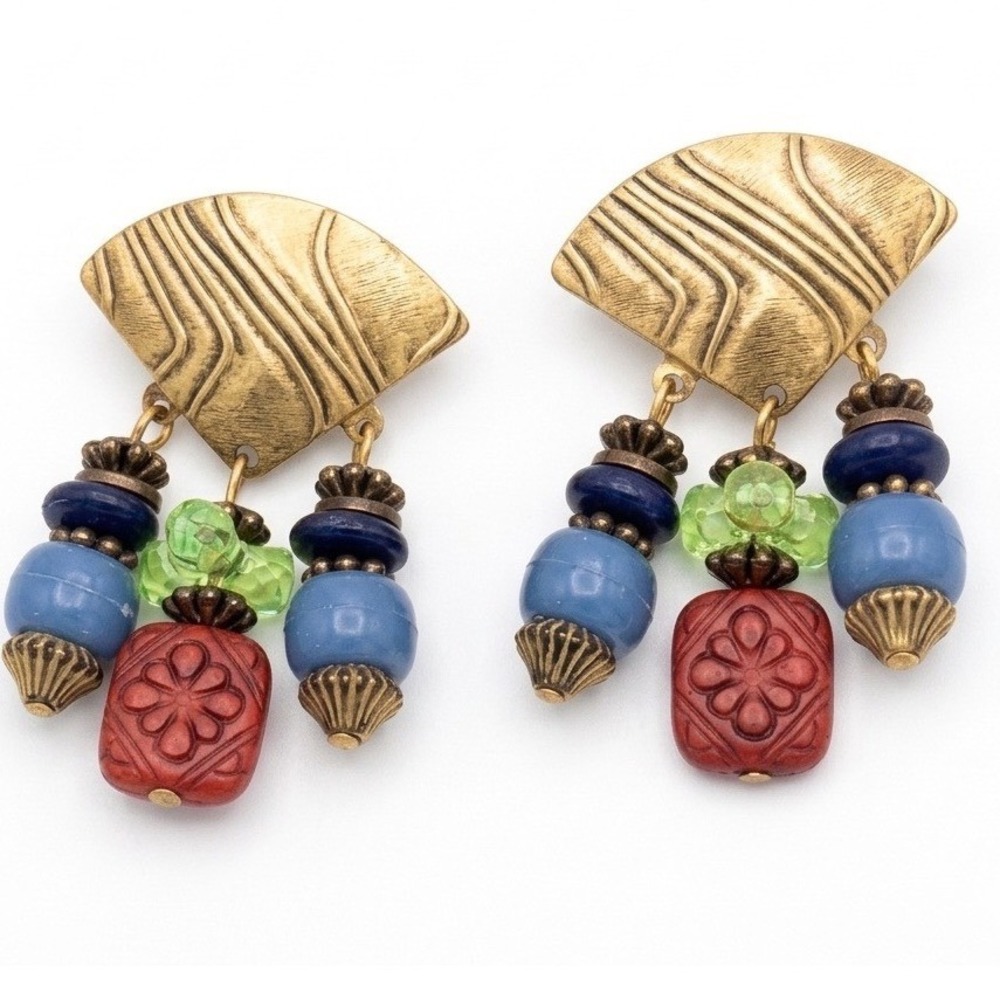 Vintage Gold Fan Beaded Drop Earrings Boho‎ Statement Studs Retro Grannycore